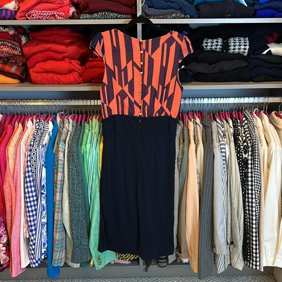 Mango black/orange/purple print back zipper/button closure cap sleeve dress S - Picture 3 of 3